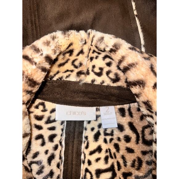 CHICO'S Jacket Size L (2) Brown Zip w/Leopard Print Faux Fur Gilet Vest Mob Wife - Picture 6 of 6